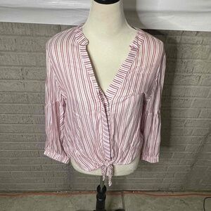 Michael Stars Red White‎ Striped Tie Front Long Sleeve Blouse Size Small